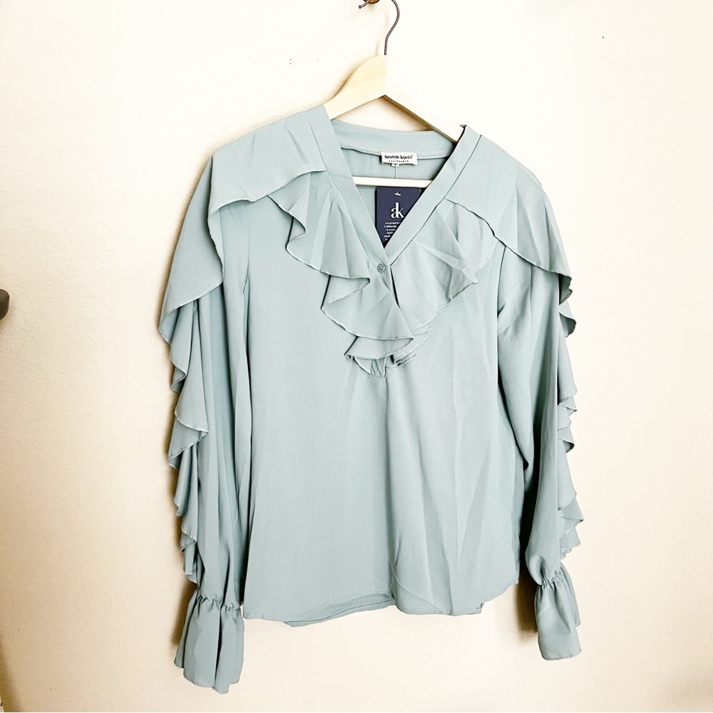 Mint Green Ruffle Long Sleeve Blouse